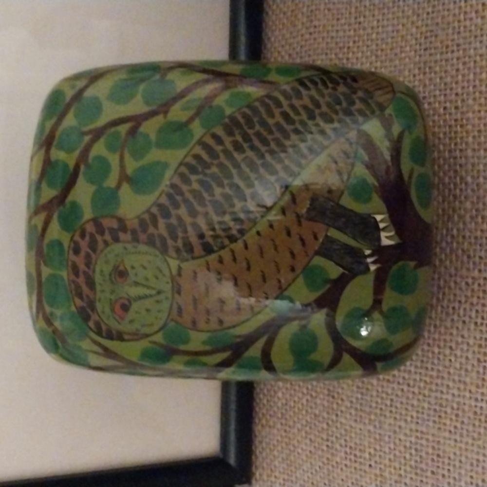 Vintage Kashmir Trinket Box Owl In Tree Hand Made Paper Mache Made in India